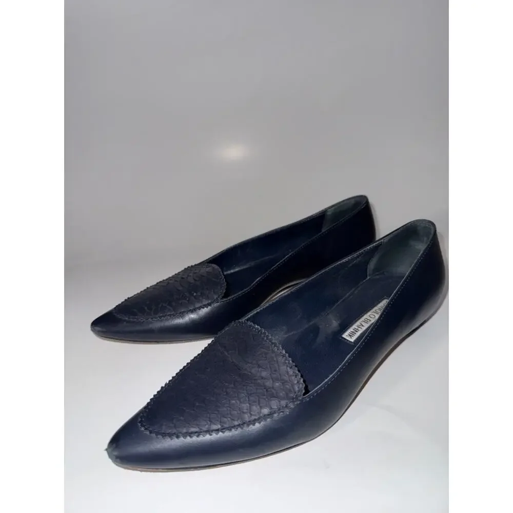 Manolo Blahnik Agos Navy Suede & Snake Leather Flat size 37